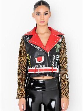 AZALEA WANG Minor Threat Graffiti Punk Faux Leather Moto Jacket M